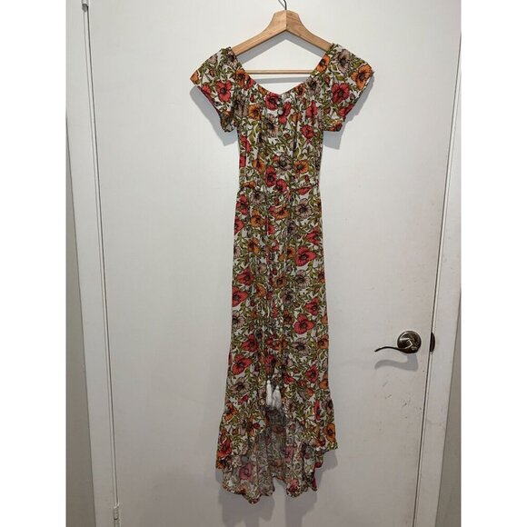 Abel The Label Multi Floral Pleated Neck Ruffled Hem Maxi Dress Women's Size XS - Picture 2 of 10